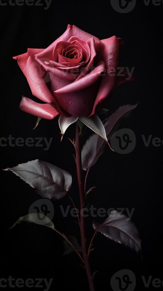 AI generated a single red rose is shown against a black background photo