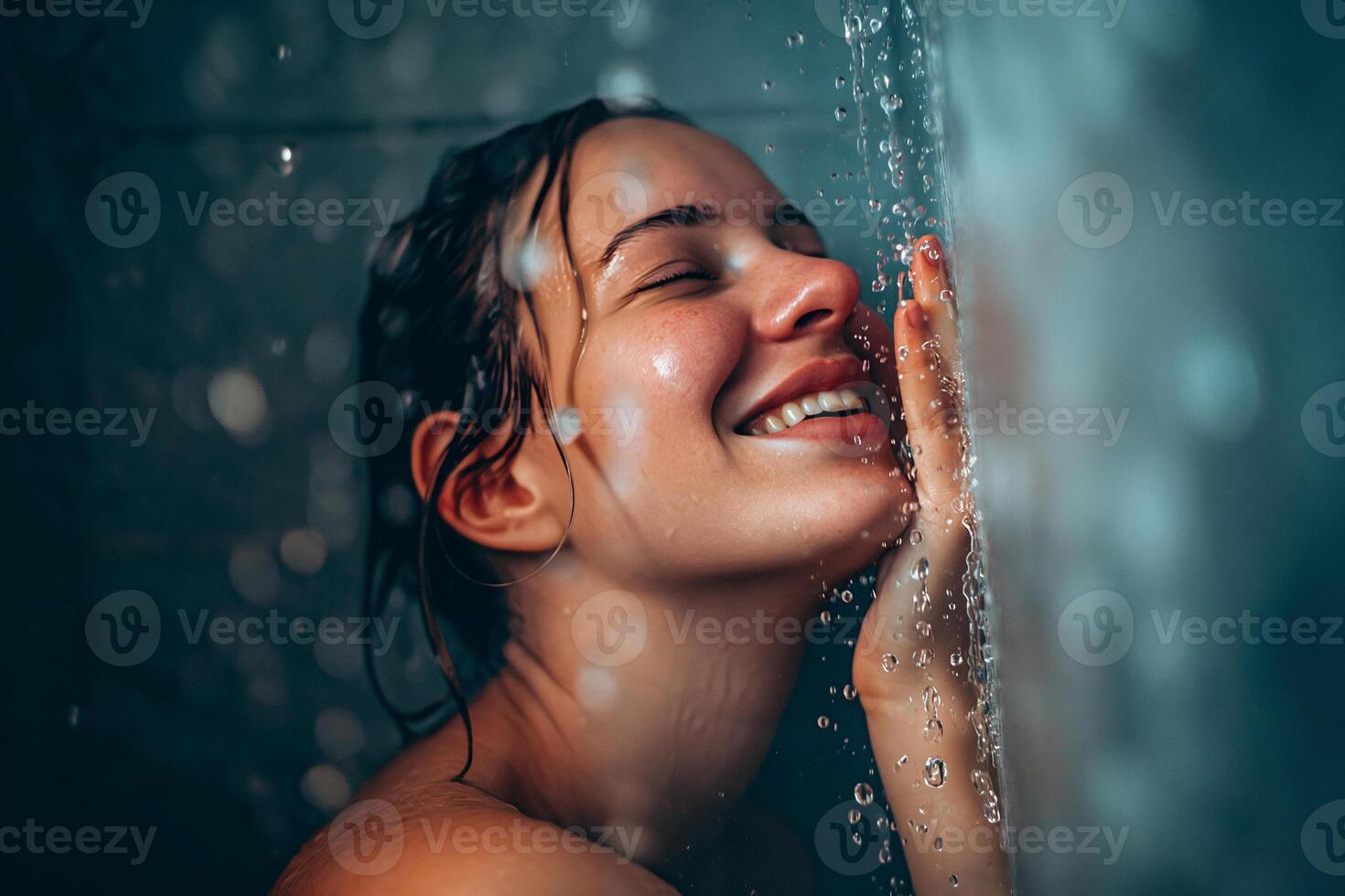 ai generado alegre joven niña debajo el corriendo agua de el ducha foto