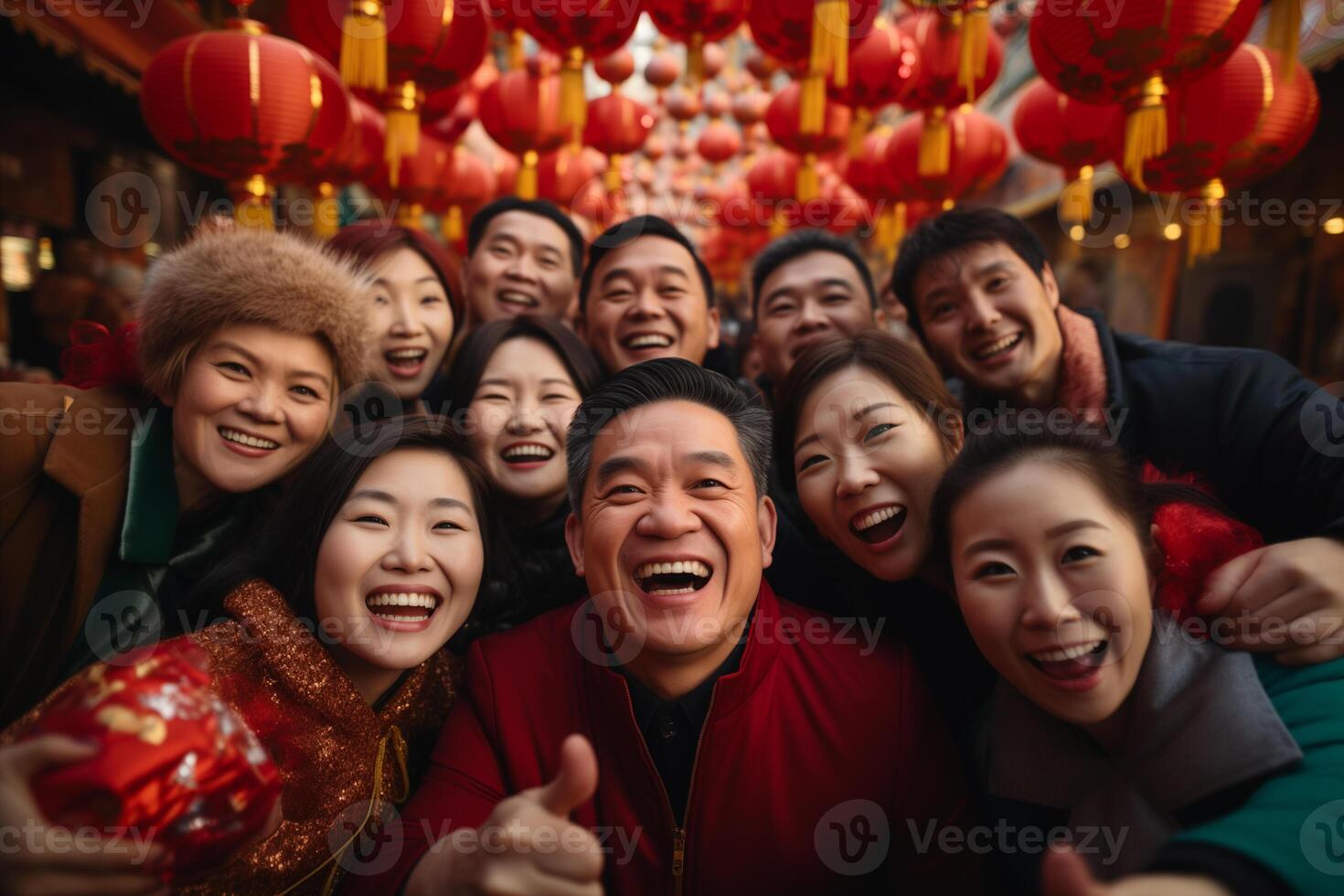 AI generated group of Chinese people celebrate Chinese New Year at a traditional festival photo