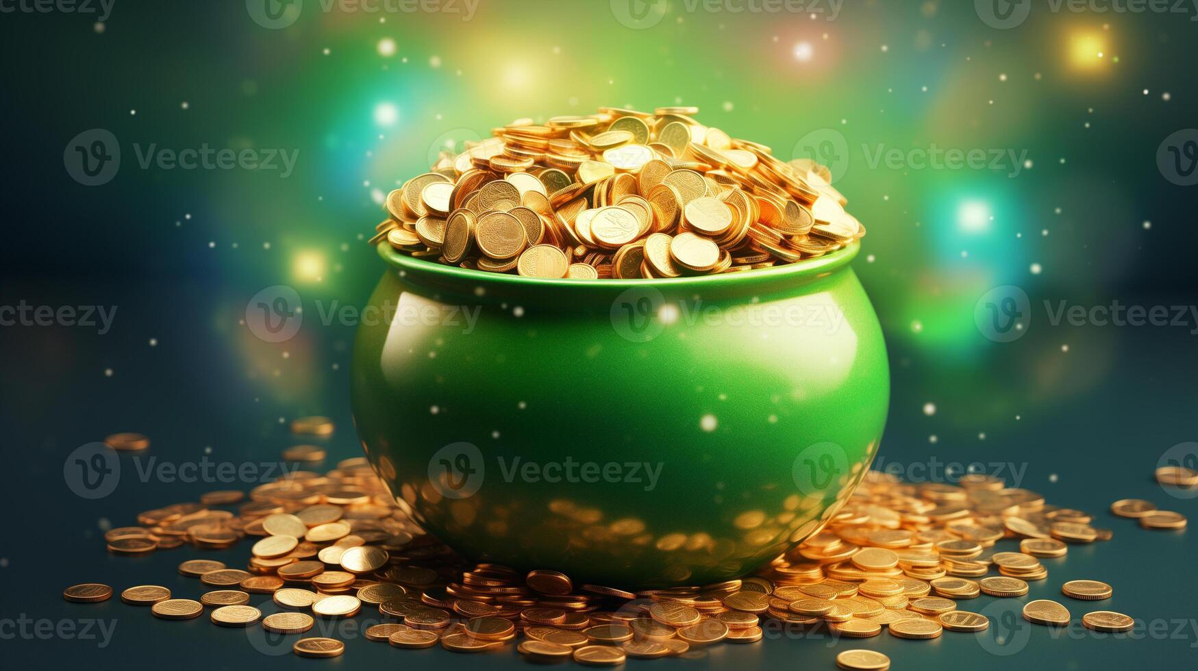AI generated pot of gold on a wooden background. st patrick's day background photo