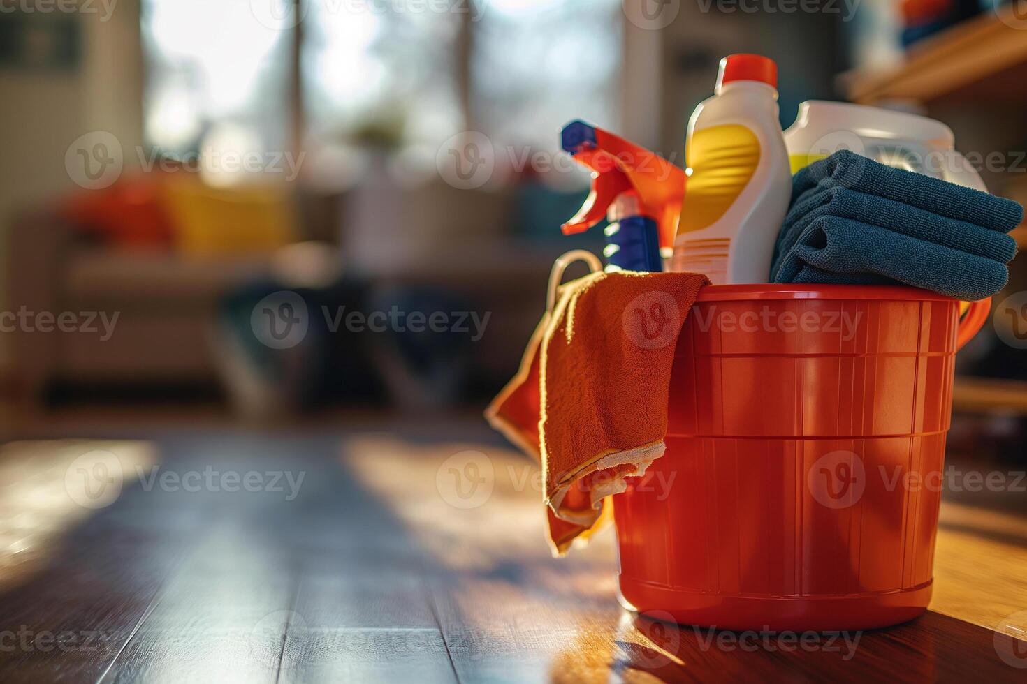 AI generated Bucket with cleaning products on the floor in the house. Cleaning concept photo
