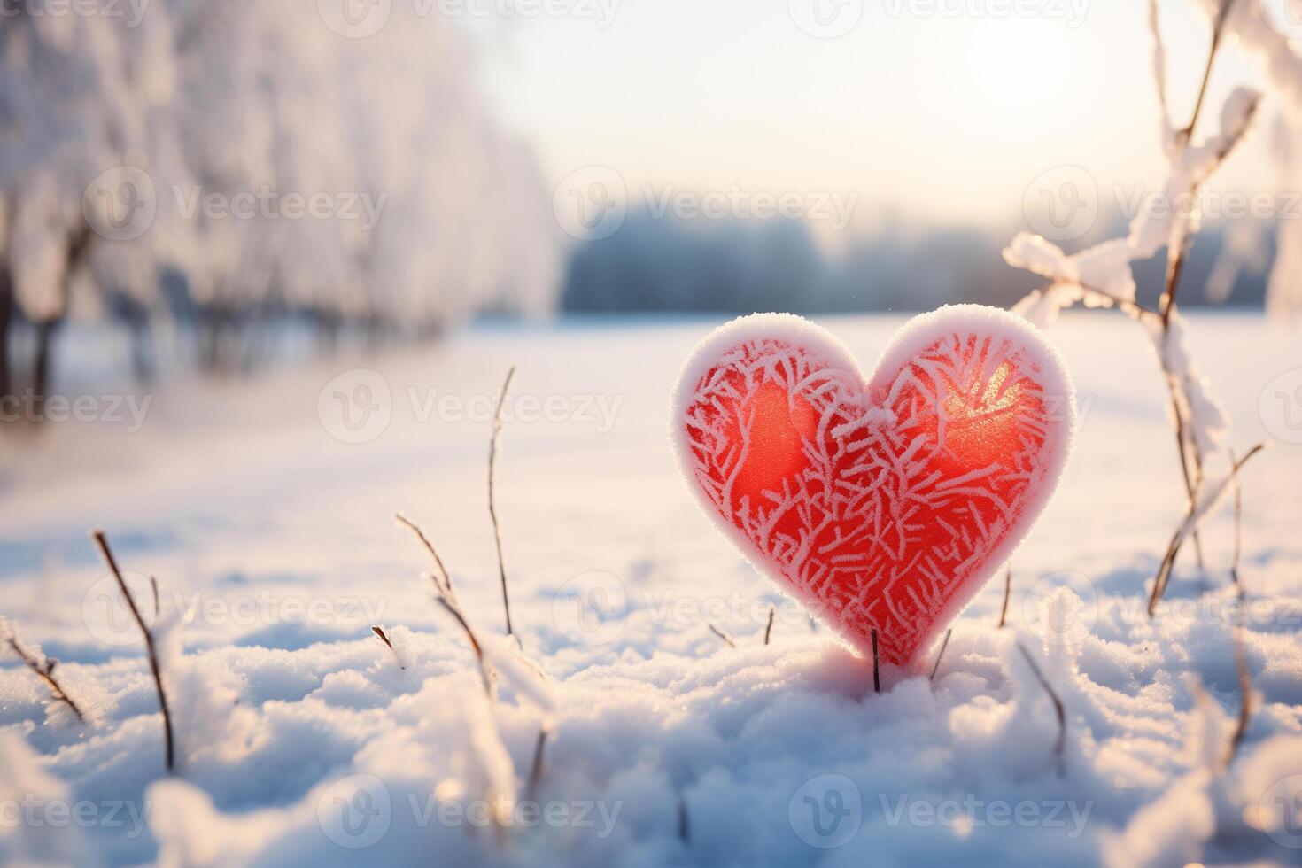 AI generated red heart in frost on smooth snow on a frosty sunny day photo