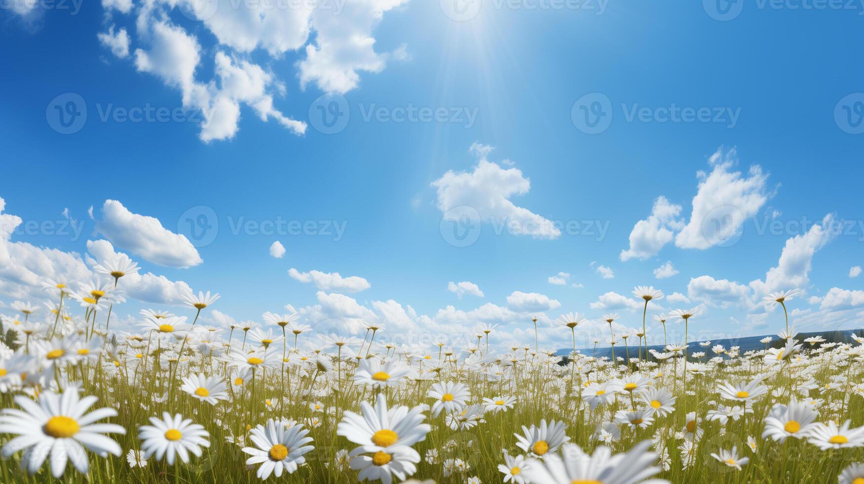 ai generado floreciente prado de manzanilla y flores silvestres, azul cielo en un soleado primavera día, borroso antecedentes foto