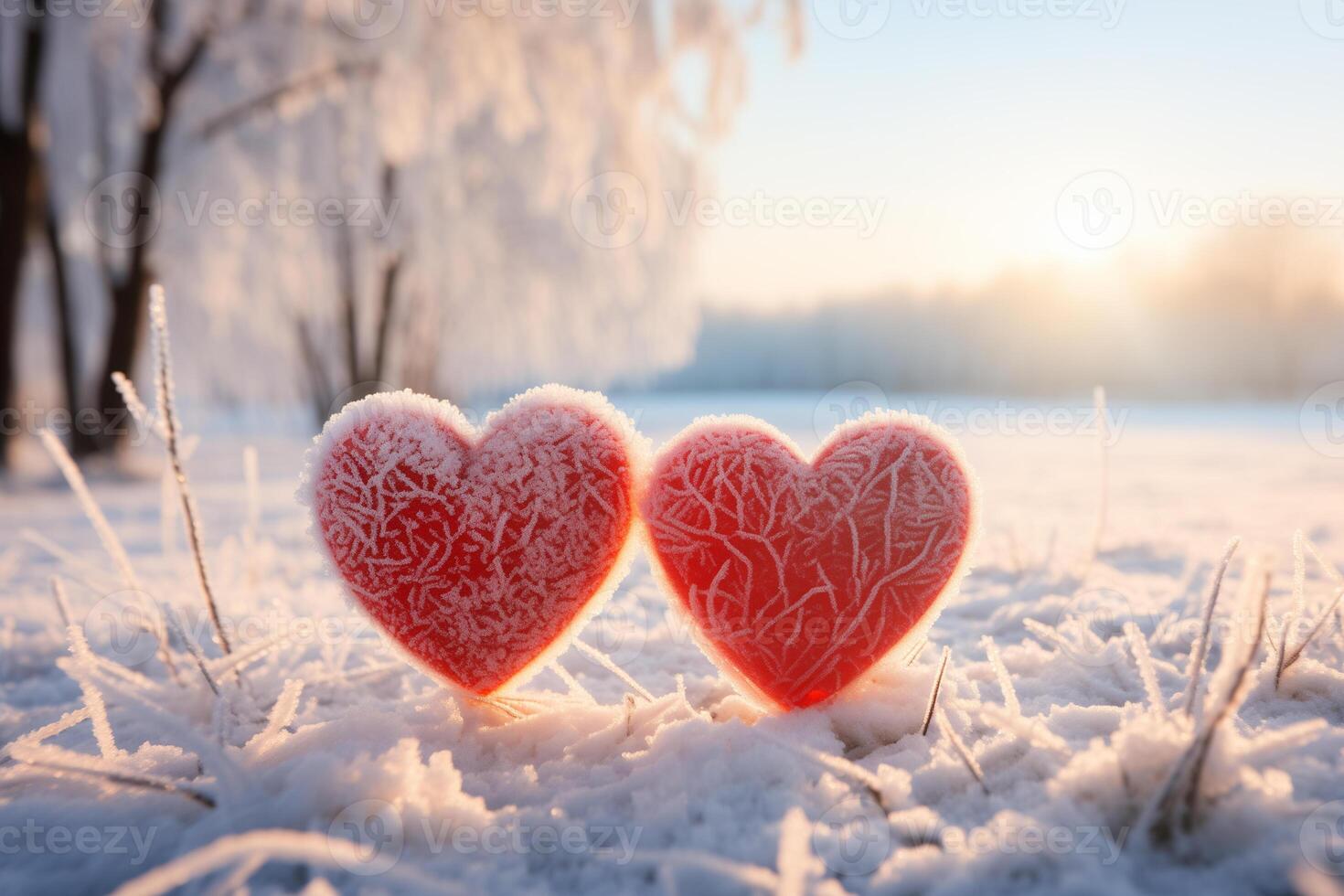 AI generated two red hearts in frost on smooth snow on a frosty sunny day photo