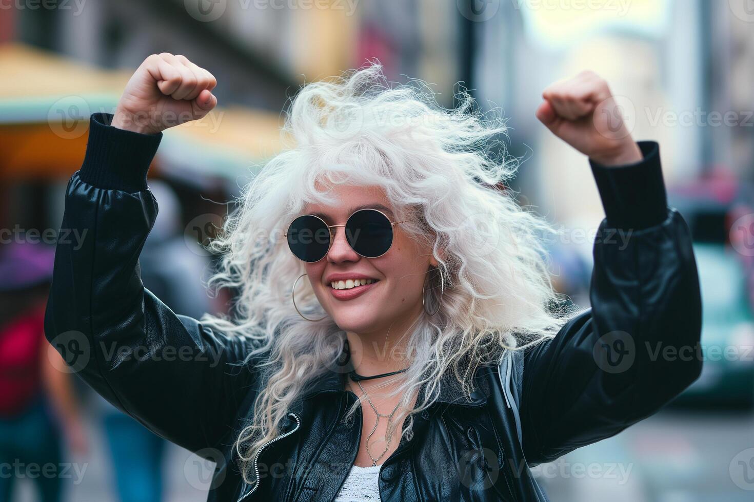 AI generated portrait of a woman with raised fists on a city street, girl power photo