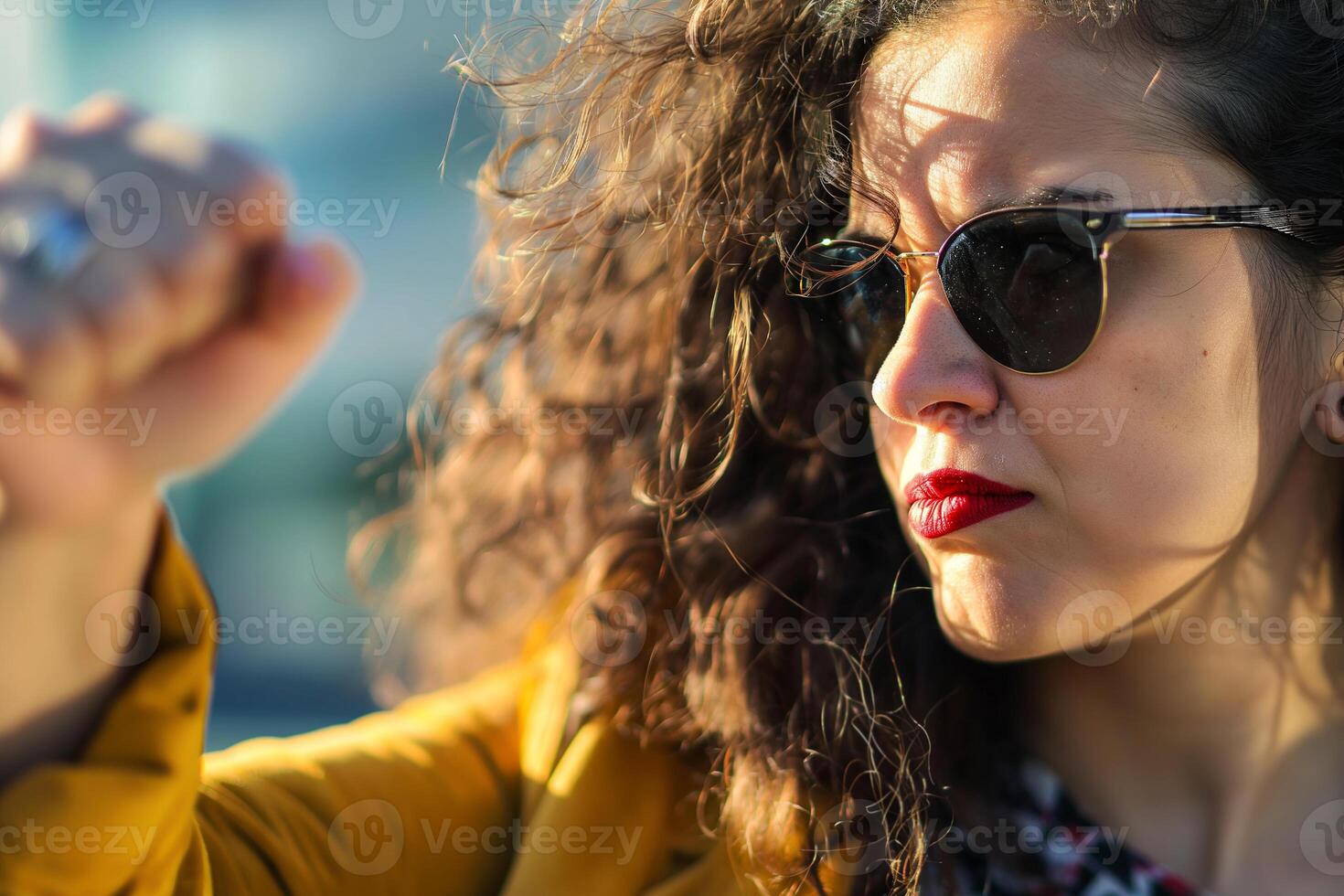 AI generated portrait of woman with fist, focus on face, girl power photo