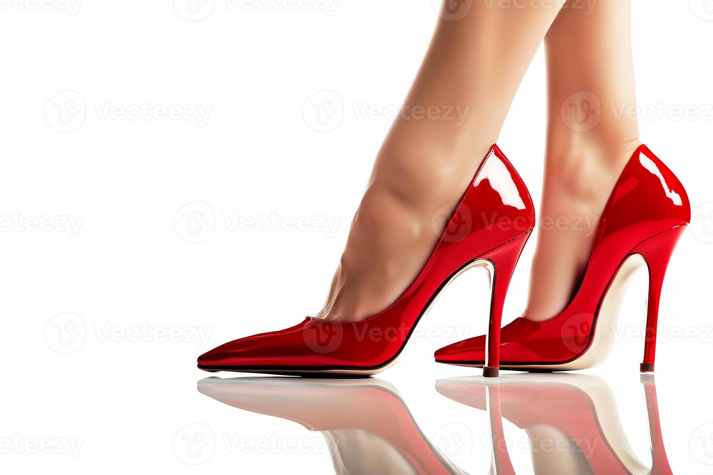 ai generado hembra piernas en rojo tacones altos Zapatos en un blanco antecedentes foto