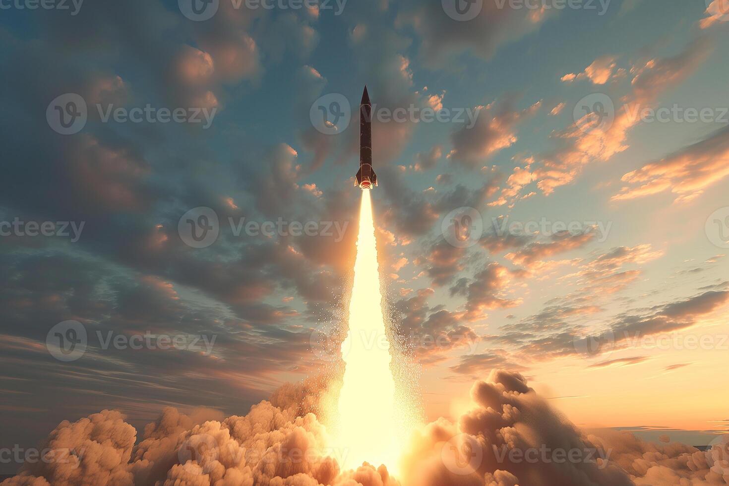 AI generated ballistic missile launch, military action, destruction photo