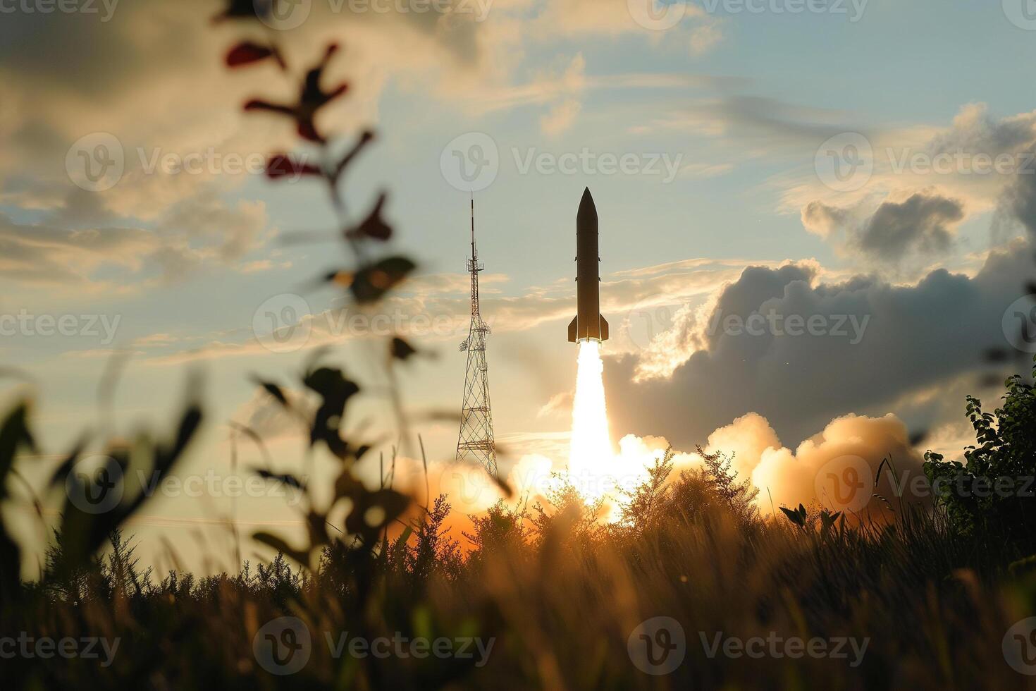 AI generated ballistic missile launch, military action, destruction photo