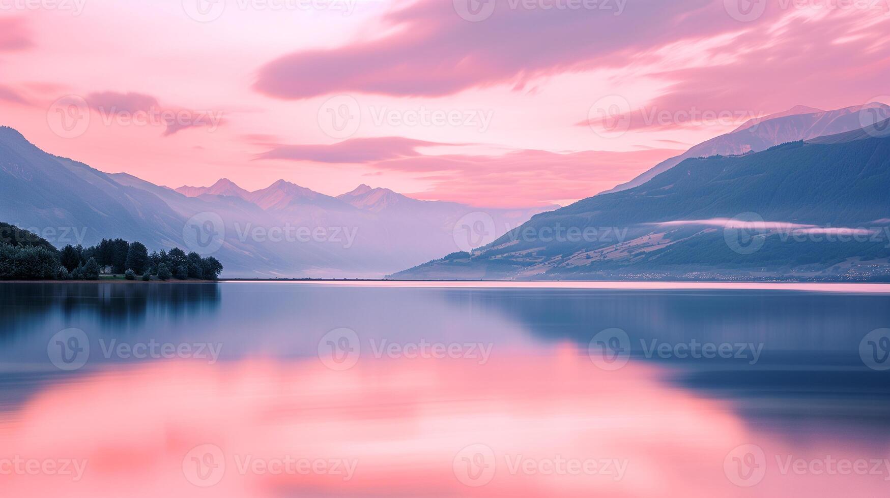 ai generado hermosa paisaje foto de un rosado puesta de sol en un lago en el montañas