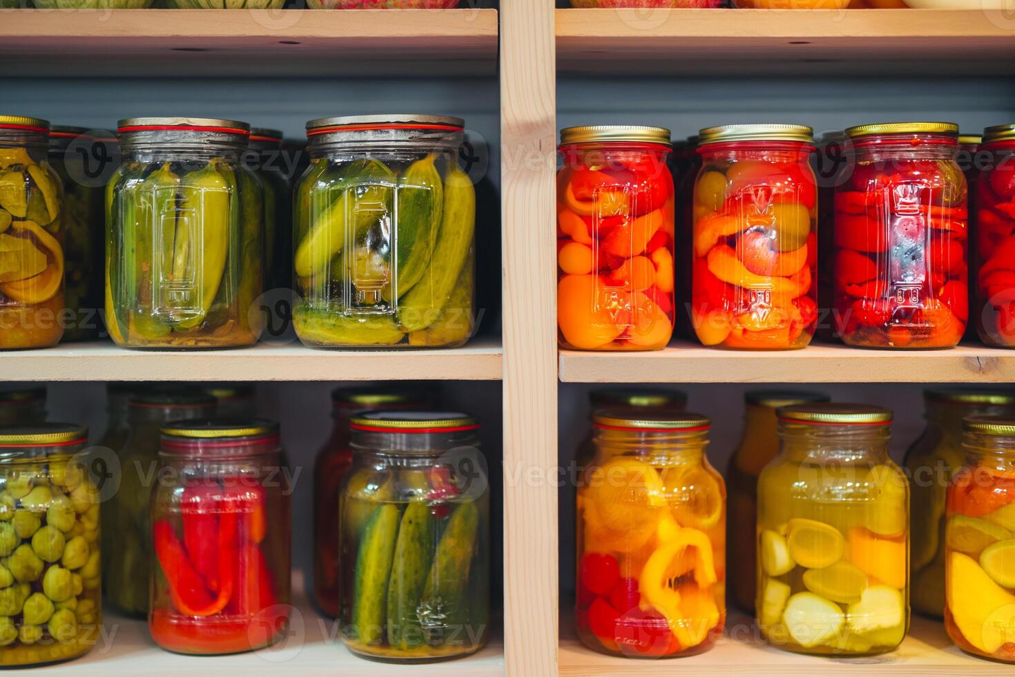 AI generated jars with preserved vegetables on shelves photo