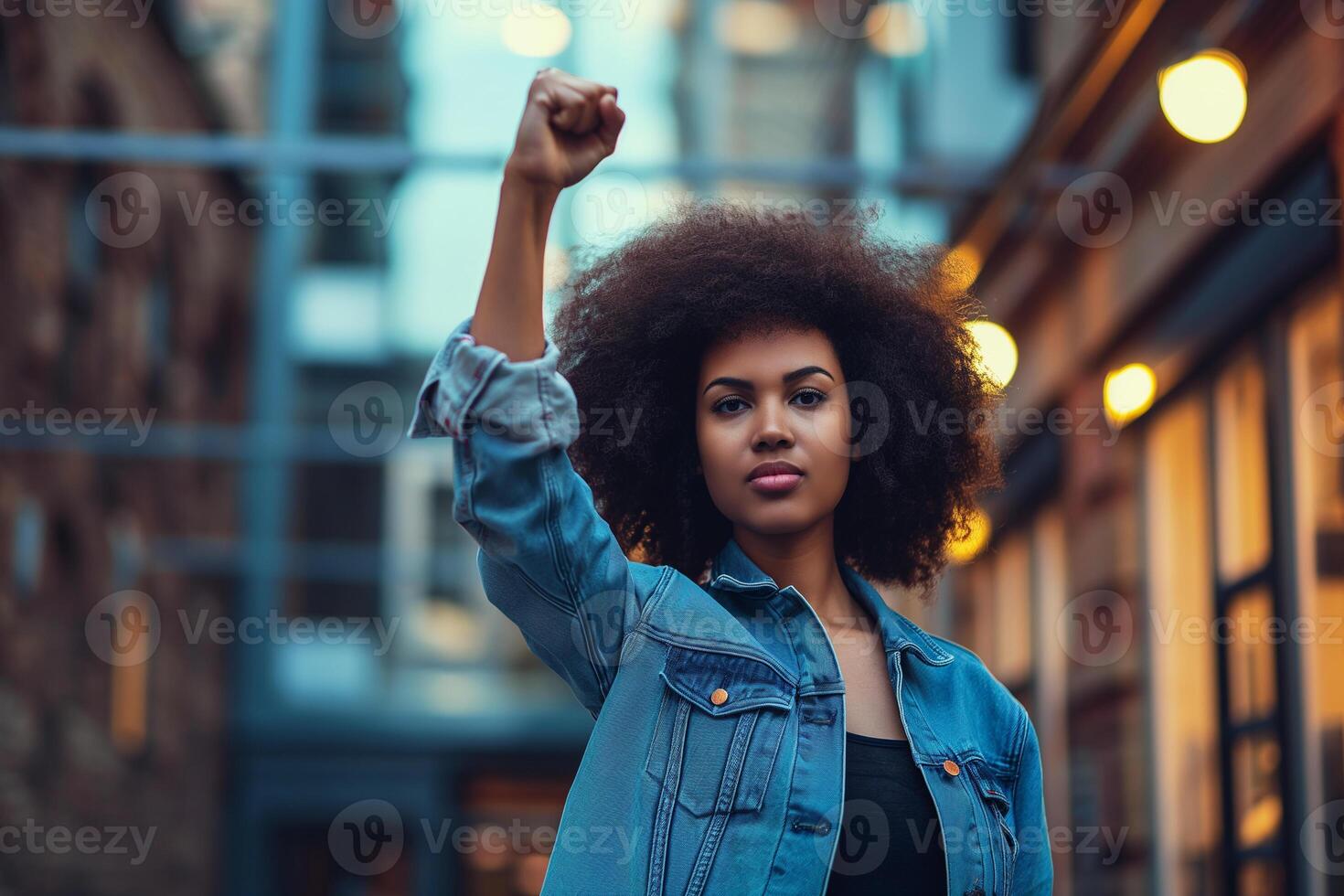 AI generated Young African American woman with sunglasses and raised fists up photo