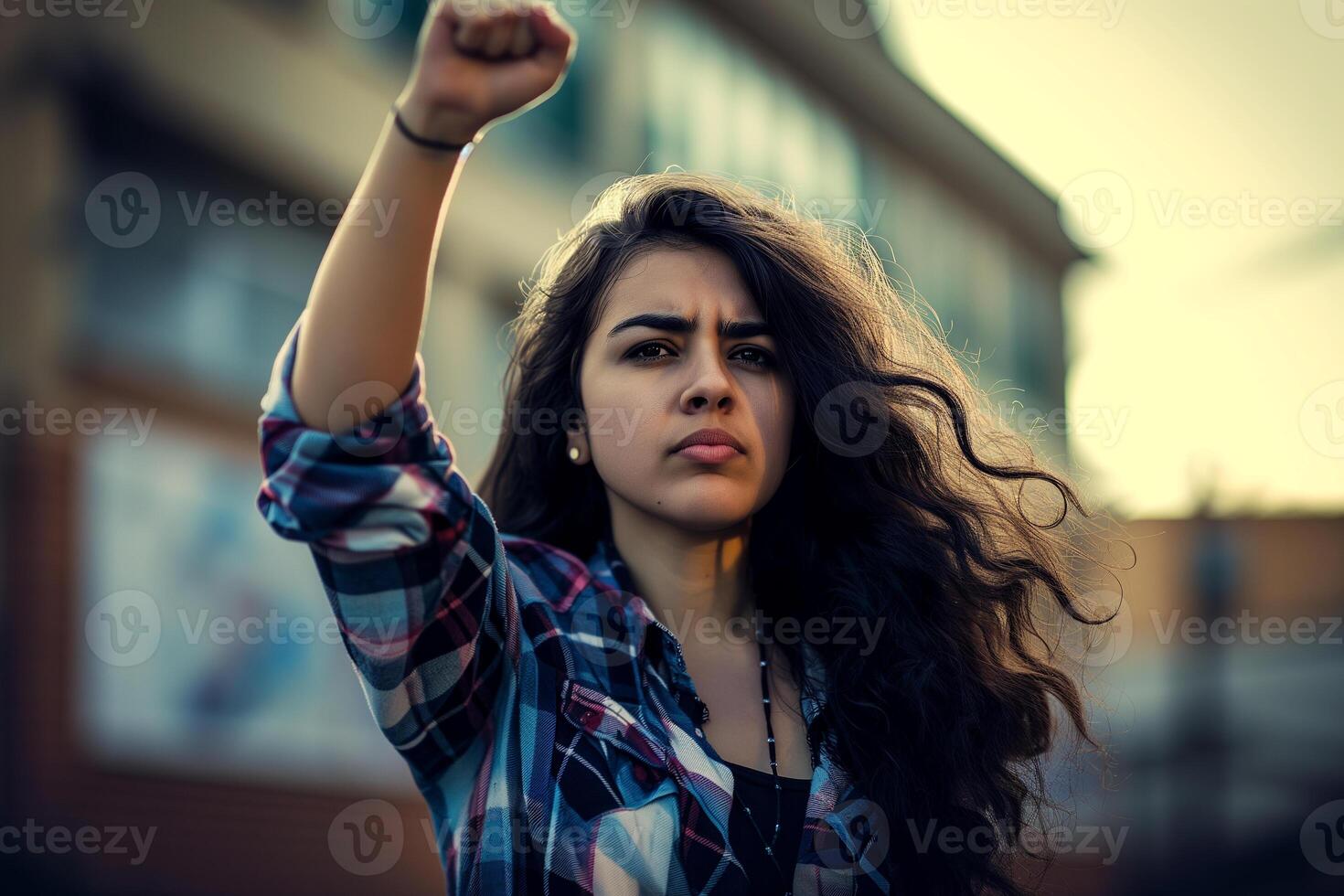 AI generated portrait of a woman with raised fists on a city street, girl power photo