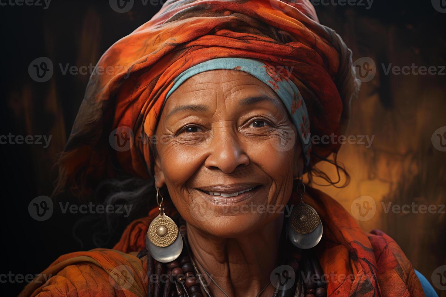 AI generated portrait of an old African American woman in traditional ethnic clothing and headdress photo