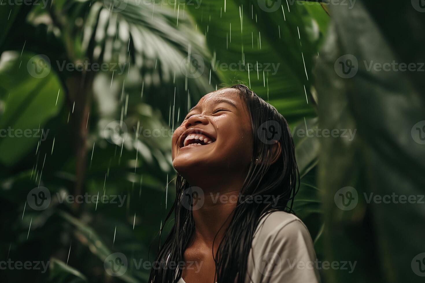 AI generated Little Asian girl exposed her face to the raindrops, enjoying the tropical rain photo