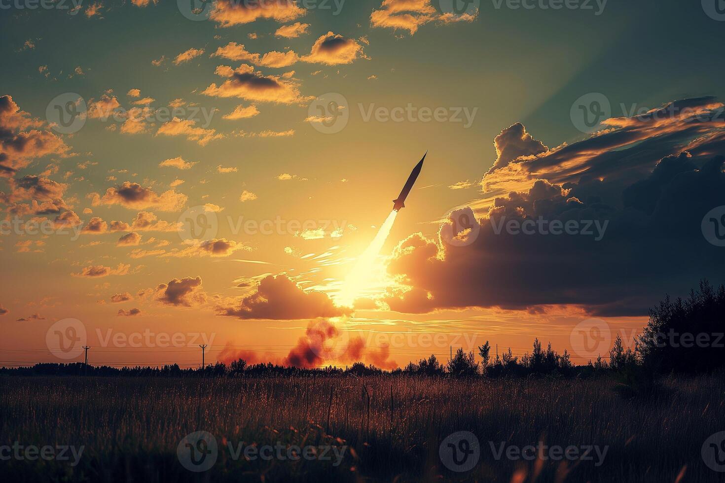 AI generated ballistic missile launch, military action, destruction photo