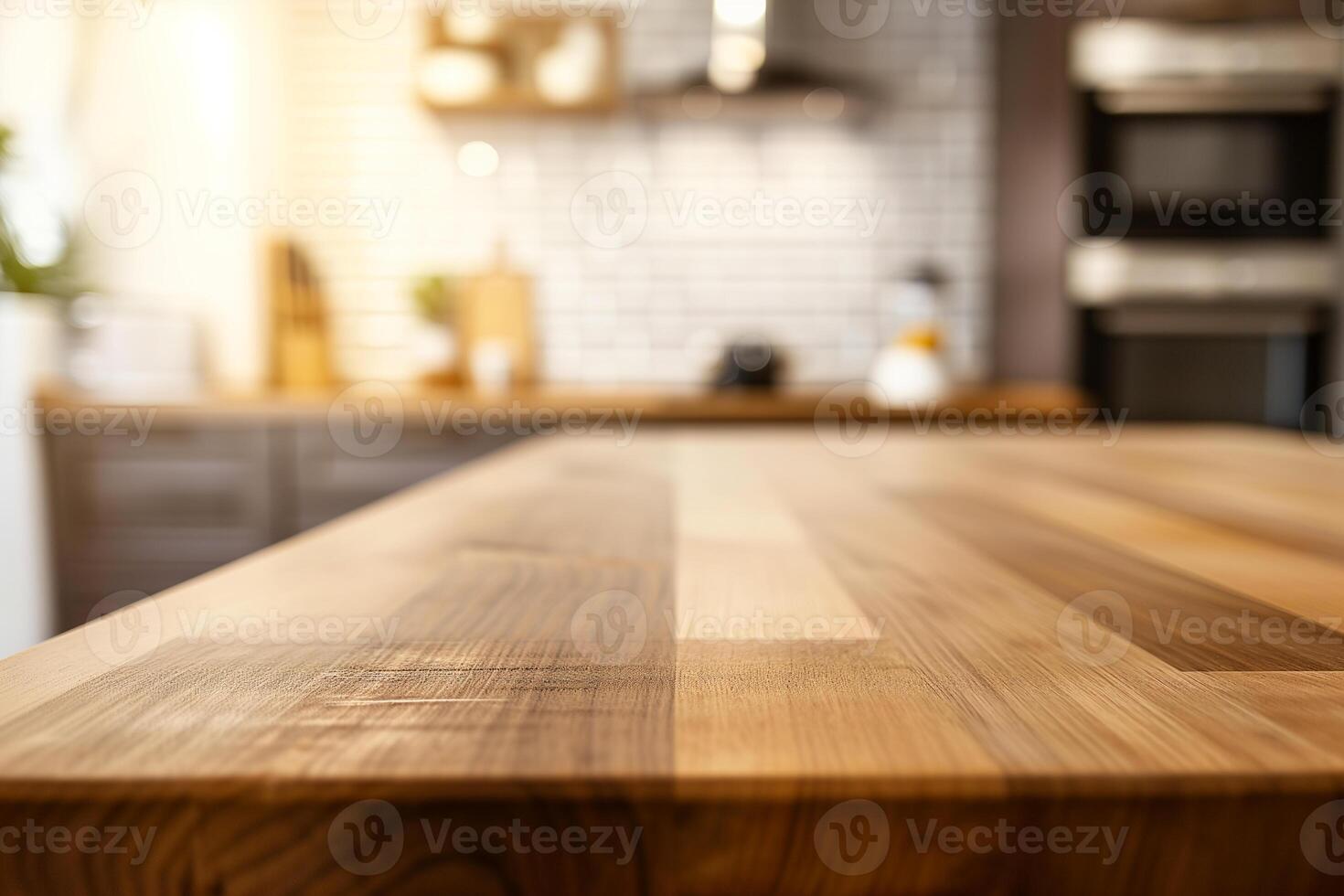 AI generated Empty wood table top and blur bokeh modern kitchen interior photo