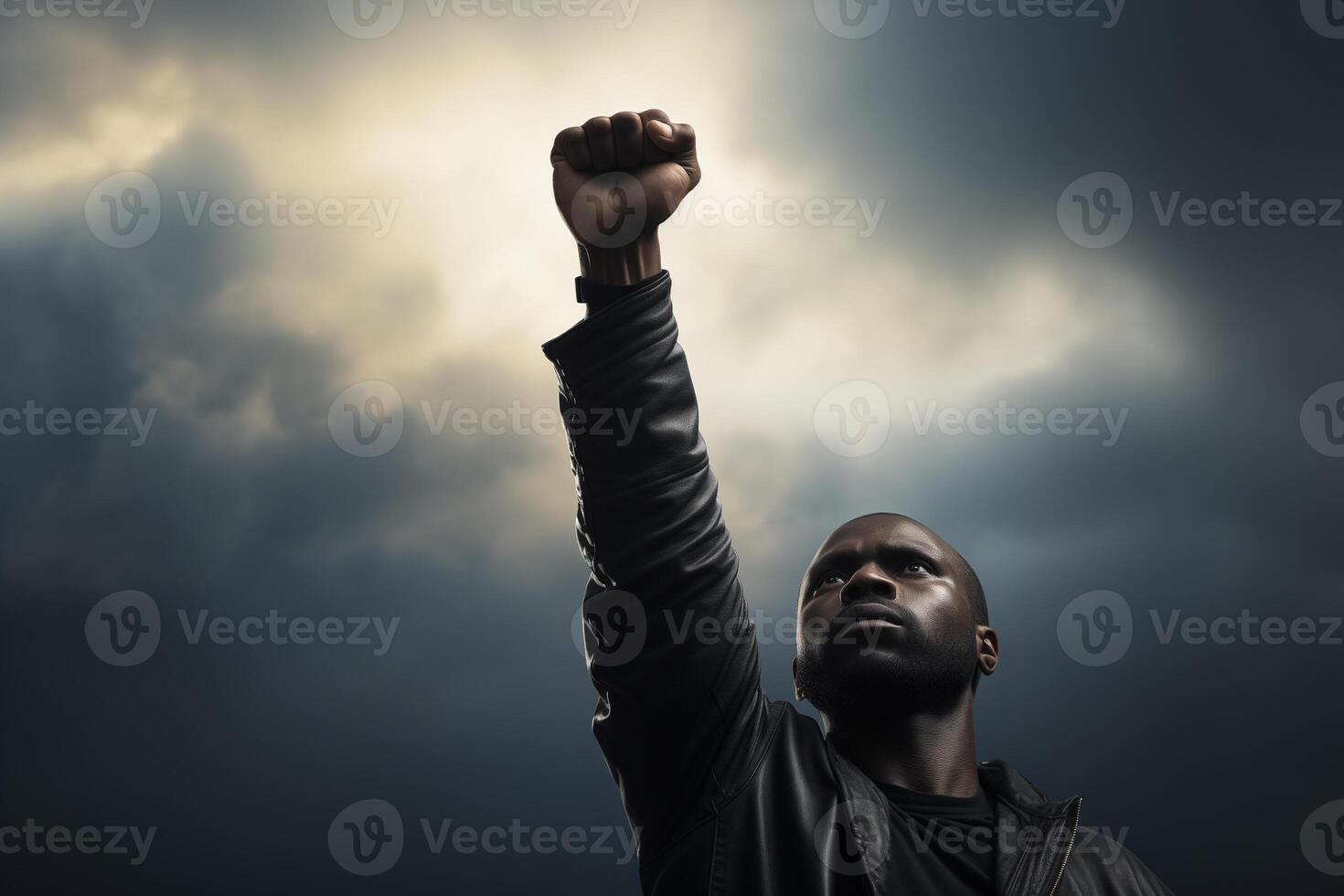 AI generated a black man's fist is raised up against the sky. black history month photo