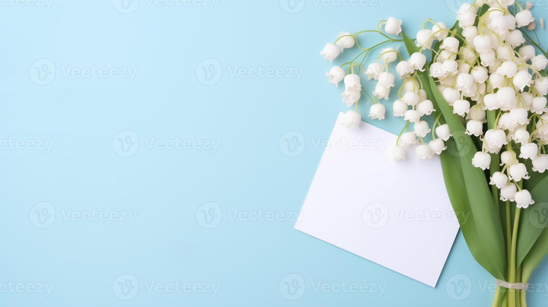 AI generated pale blue background with a bouquet of lilies of the valley and a greeting card, free space for text photo