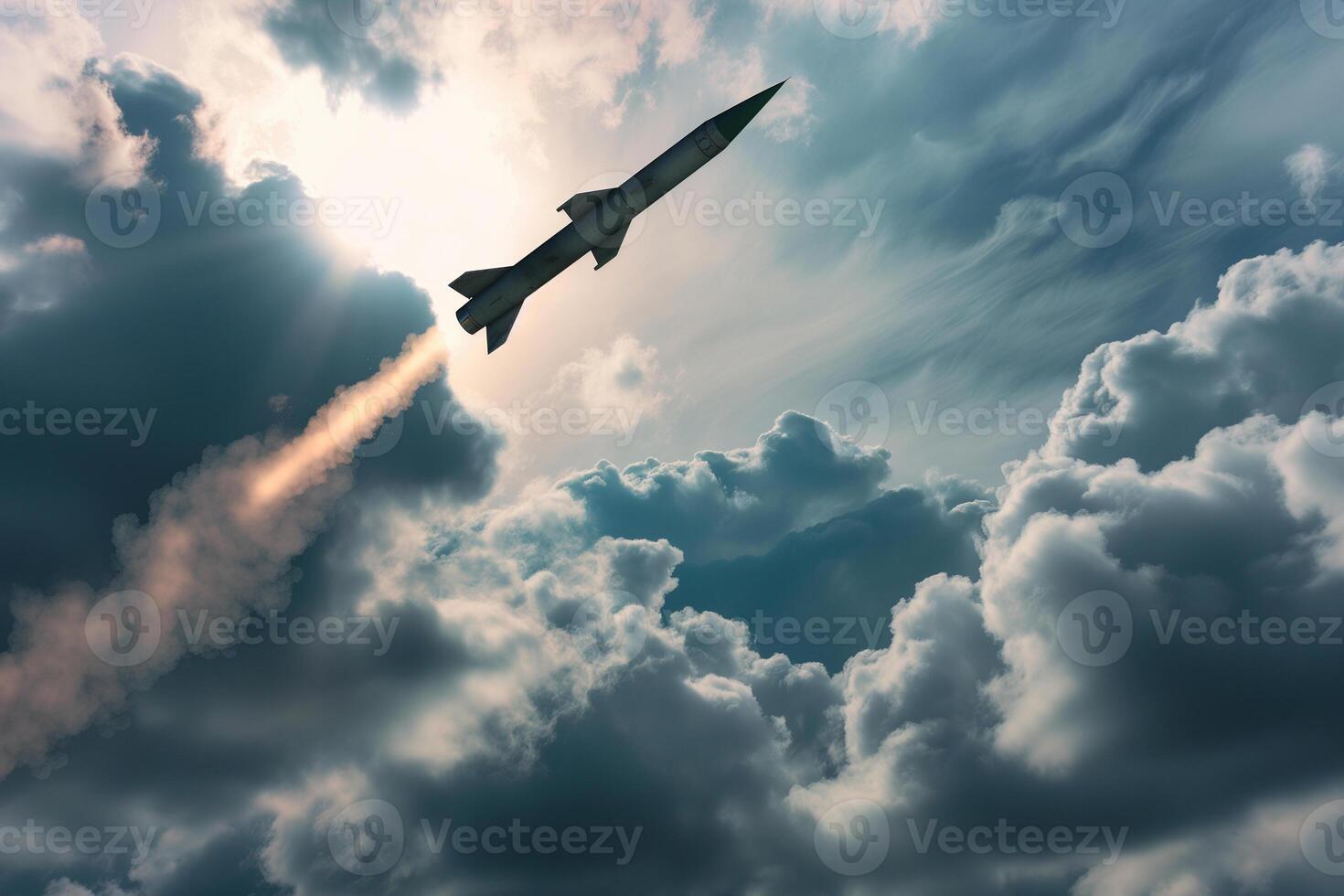 AI generated ballistic missile flies in the clouds, military action, destruction photo