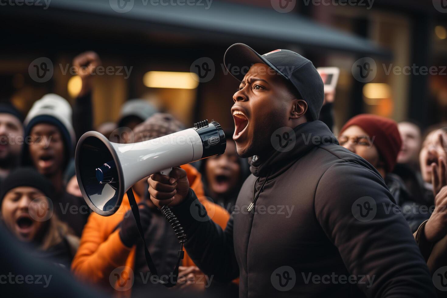 AI generated black man speaks into a bullhorn at a rally photo