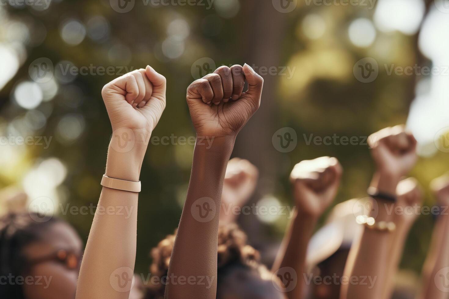 AI generated Close-up of a group of women's hands raising their fists in the air, girl power concept photo