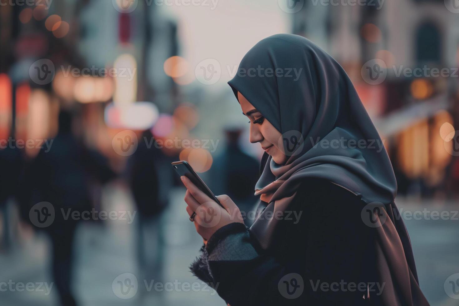 AI generated young Muslim woman in a hijab with a smartphone in her hands on the city streets photo