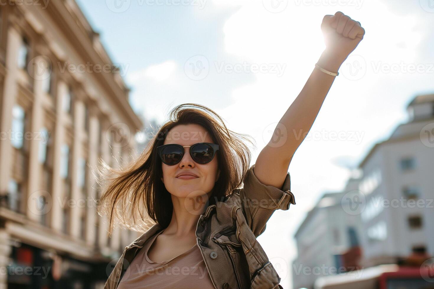 AI generated portrait of a woman with raised fists on a city street, girl power photo