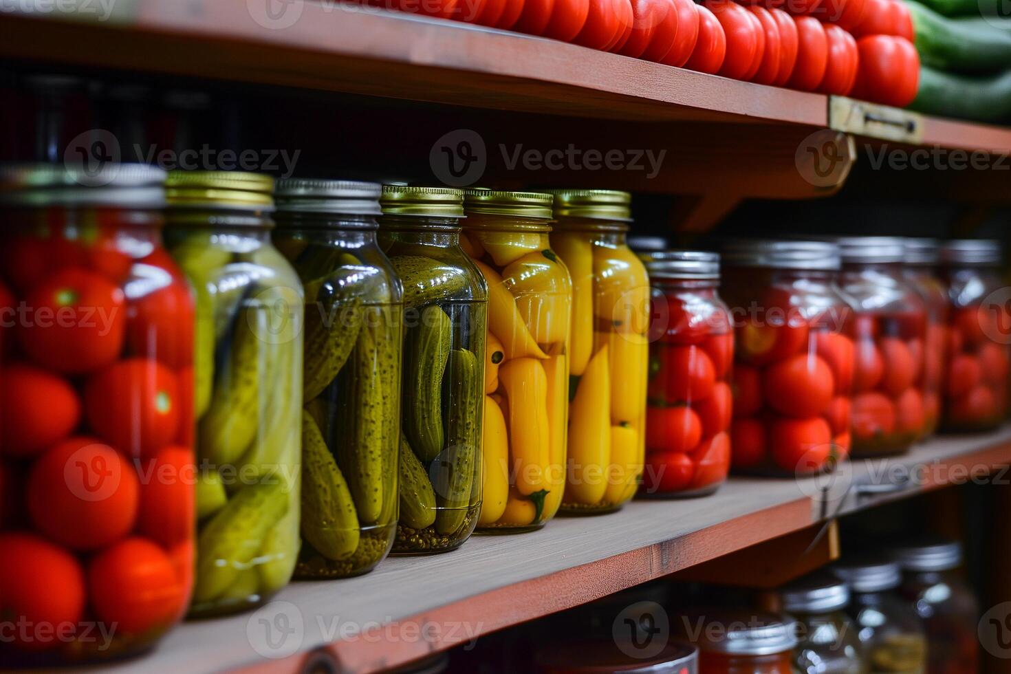 ai generado un lote de Enlatado vegetales en vaso frascos en el estantería foto