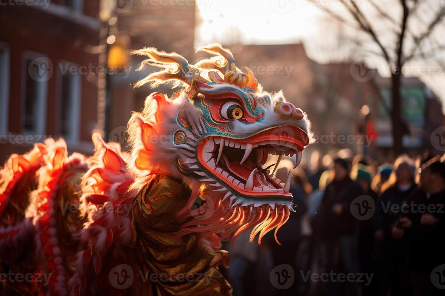 AI generated a traditional Chinese dragon dances the dragon dance at the Chinese New Year festival photo