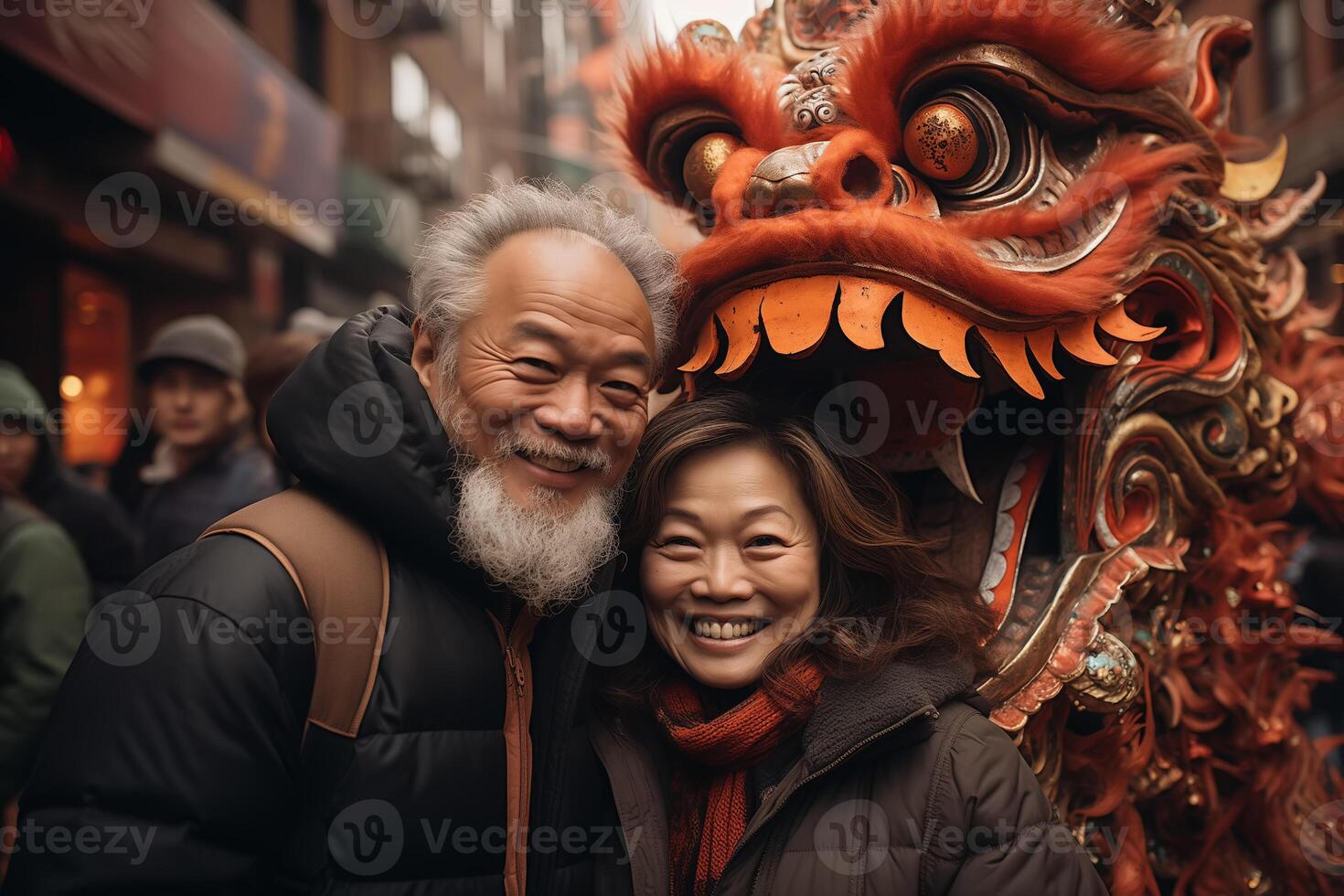 AI generated Chinese people celebrate Chinese New Year at a traditional festival photo