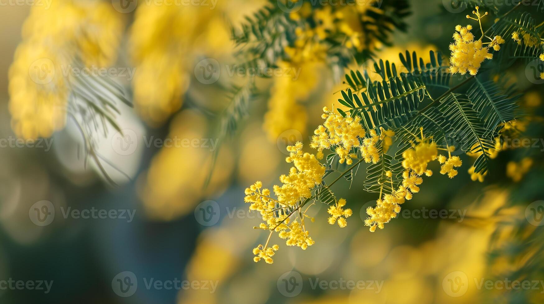 AI generated Yellow mimosa flowers on blurred green background. Shallow depth of field. photo