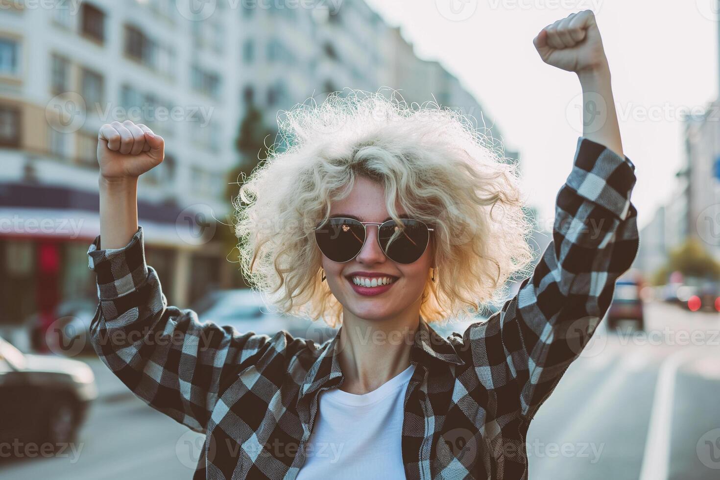AI generated portrait of a woman with raised fists on a city street, girl power photo