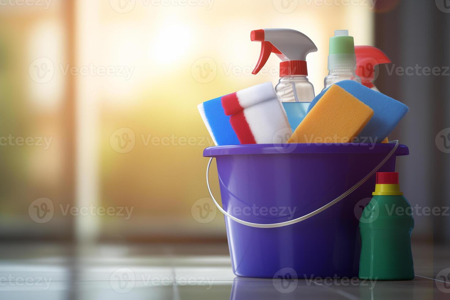 AI generated Bucket with cleaning products on the floor in the house. Cleaning concept photo