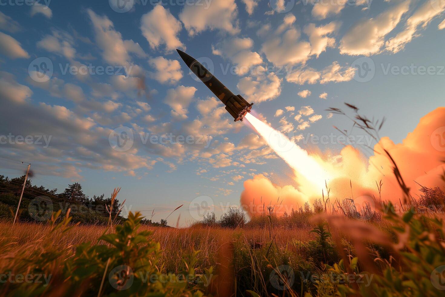 AI generated ballistic missile launch, military action, destruction photo