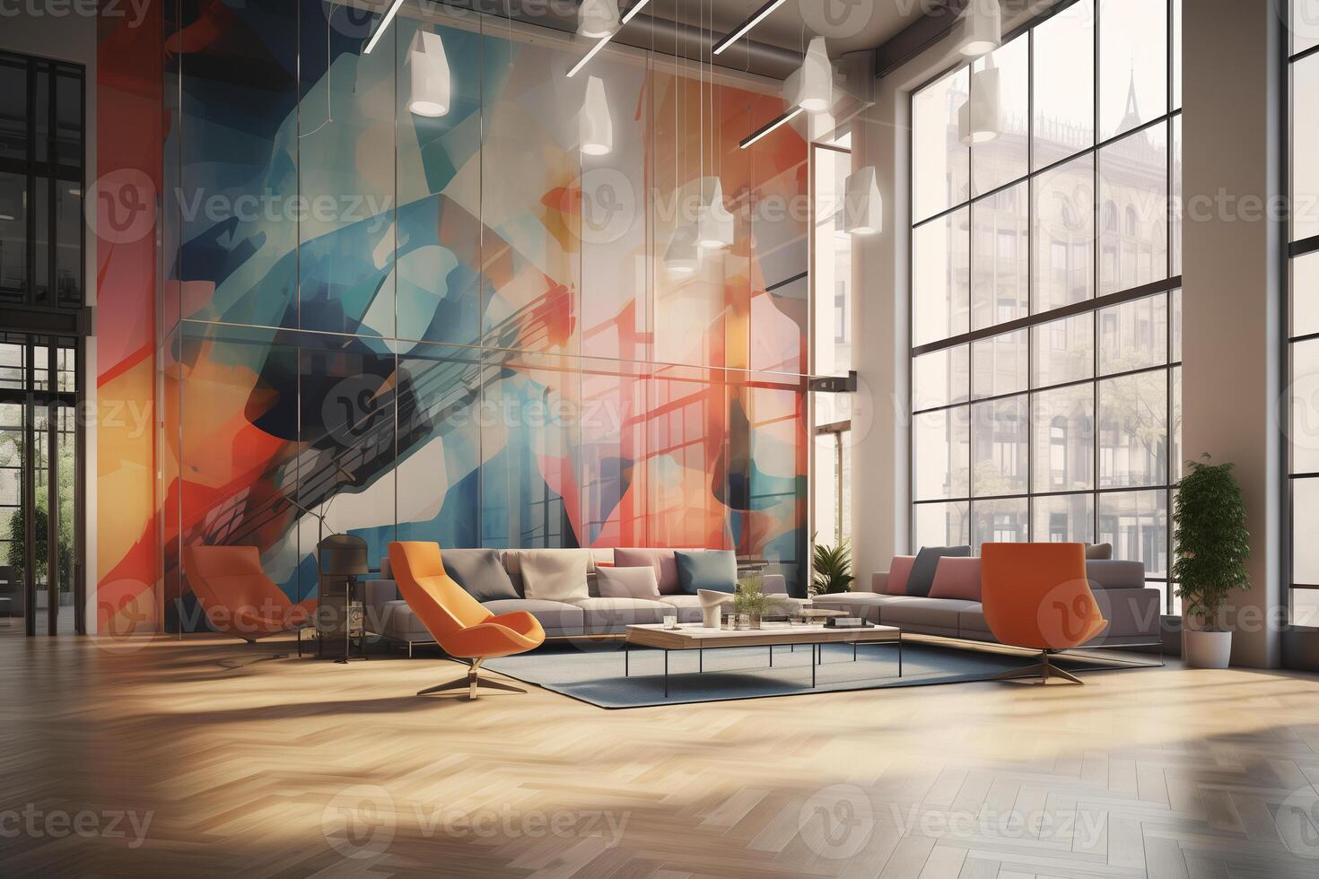 AI generated coworking interior in orange tones with armchairs and a table with a panoramic window and city views photo