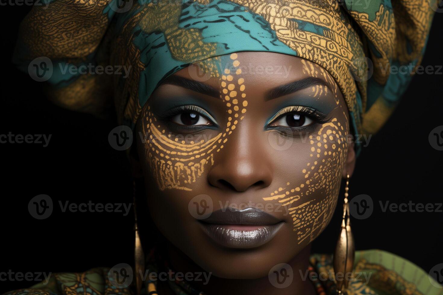 ai generado retrato de un africano americano mujer con un mapa en su cara foto