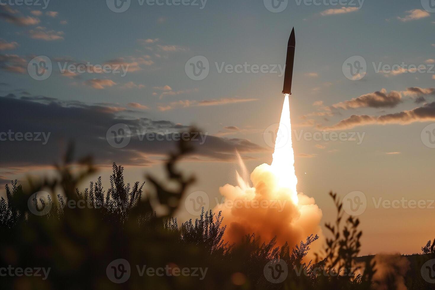 AI generated ballistic missile launch, military action, destruction photo