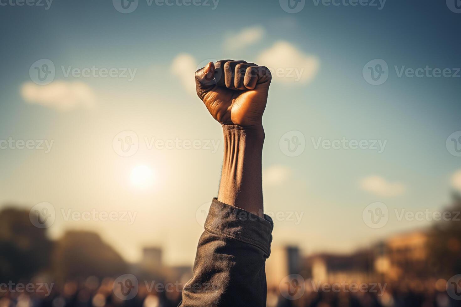 AI generated a black man's fist is raised up against the sky. black history month photo