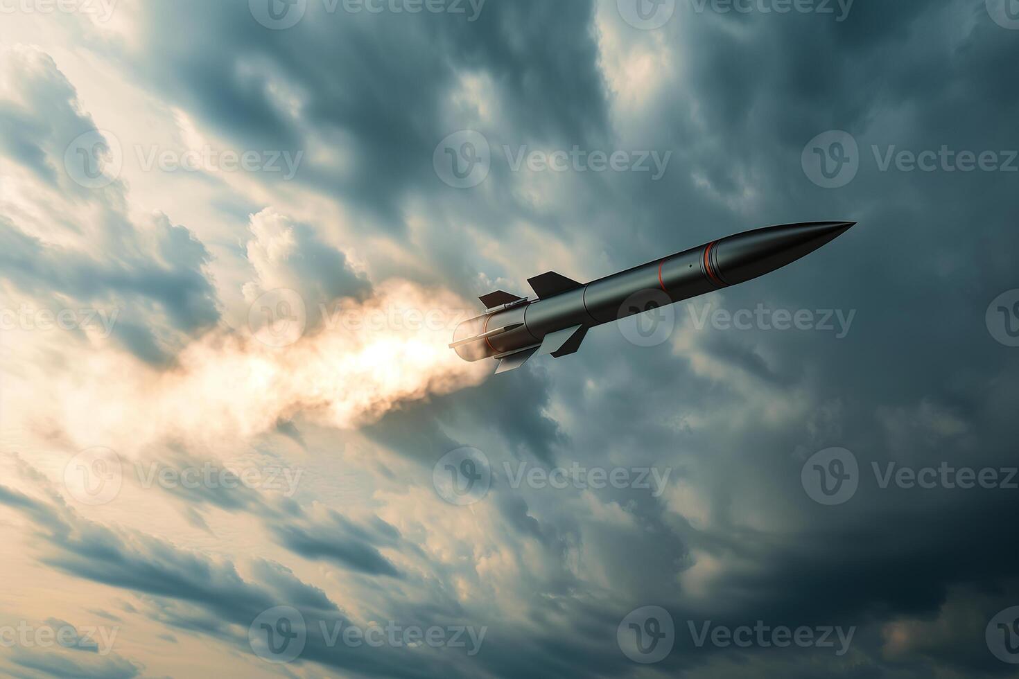 AI generated ballistic missile flies in the clouds, military action, destruction photo