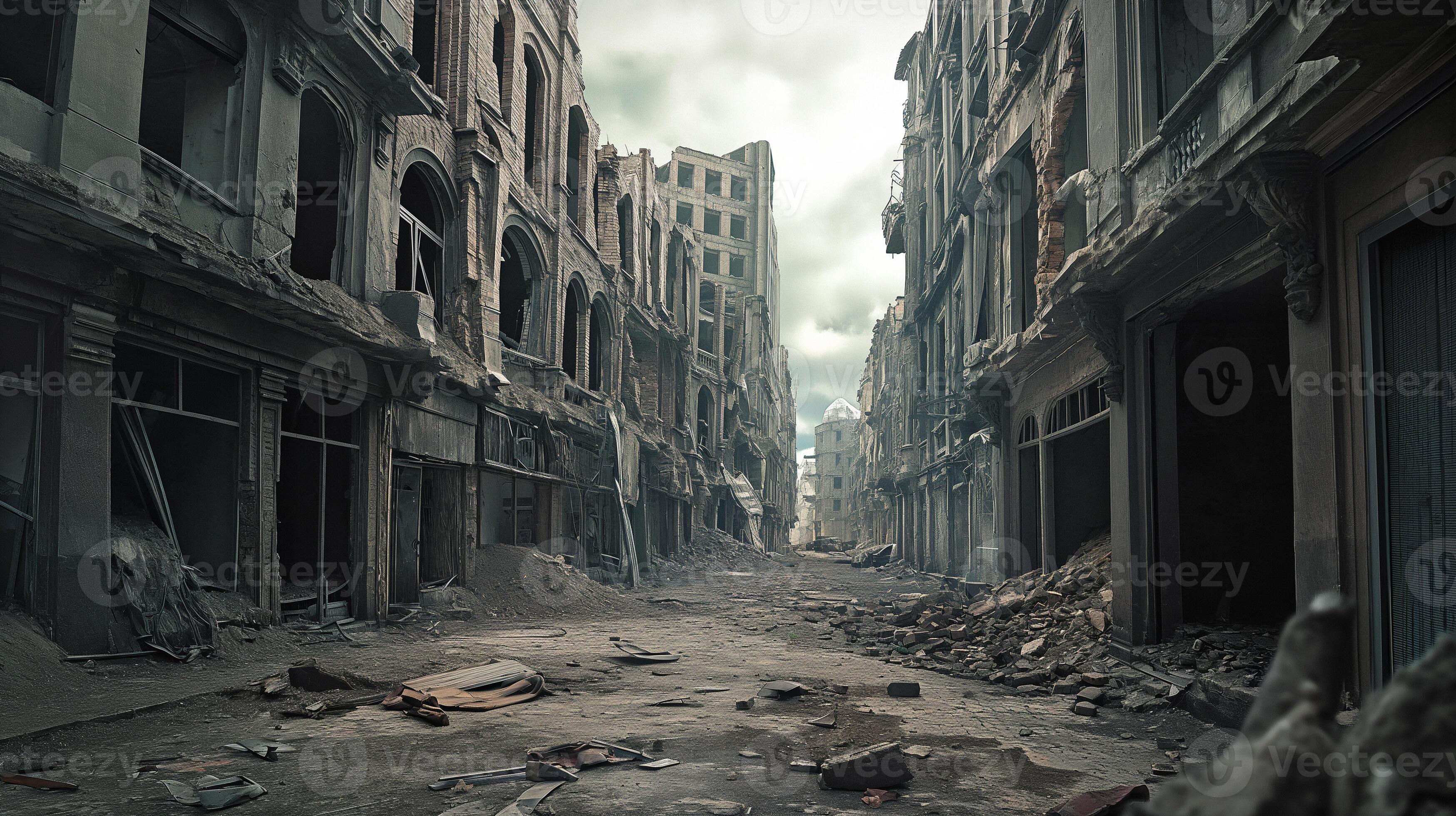 AI generated streets of a destroyed city after the bombing, military ...