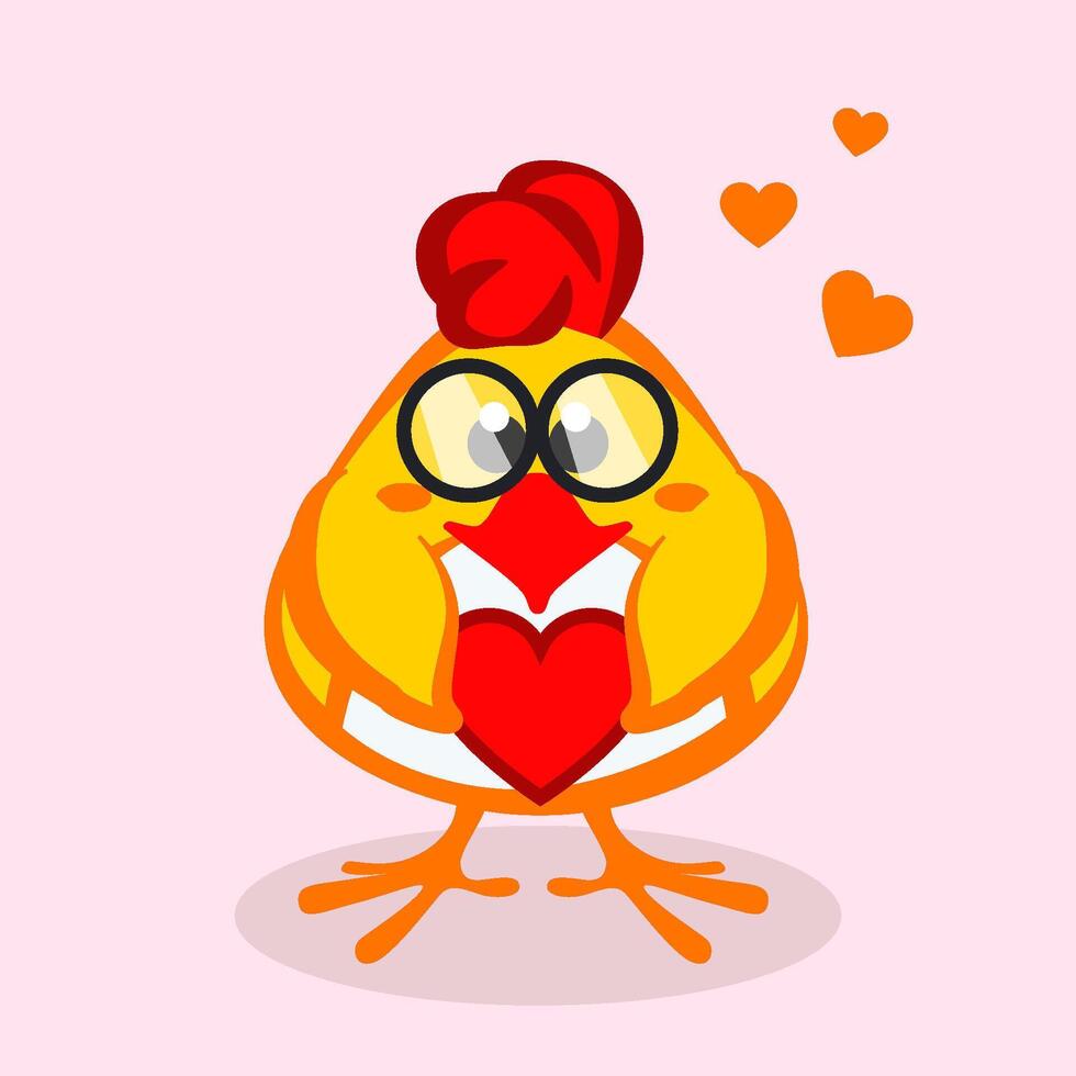 The cute chicken is in love and hugging a heart. Sticker for Valentine Day or Easter vector