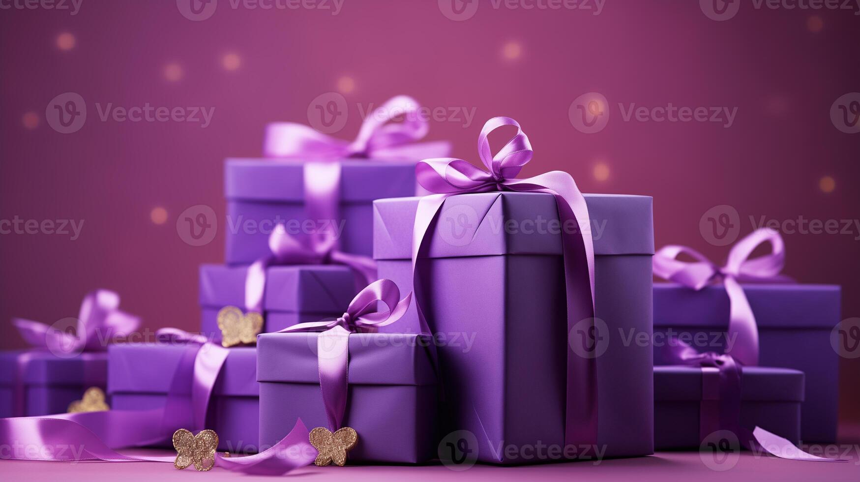 AI generated purple gift boxes on a purple background. festive background with place for text photo