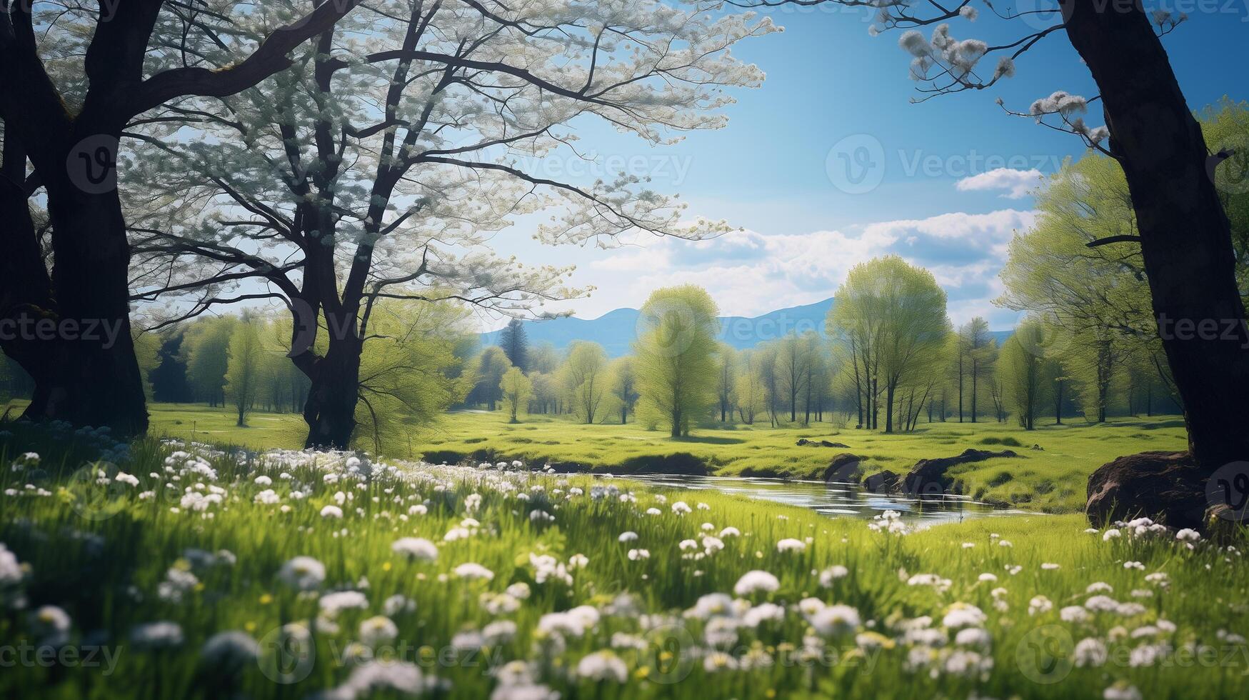AI generated Beautiful blurred spring background of a forest with a blooming meadow, trees and blue sky on a sunny day photo