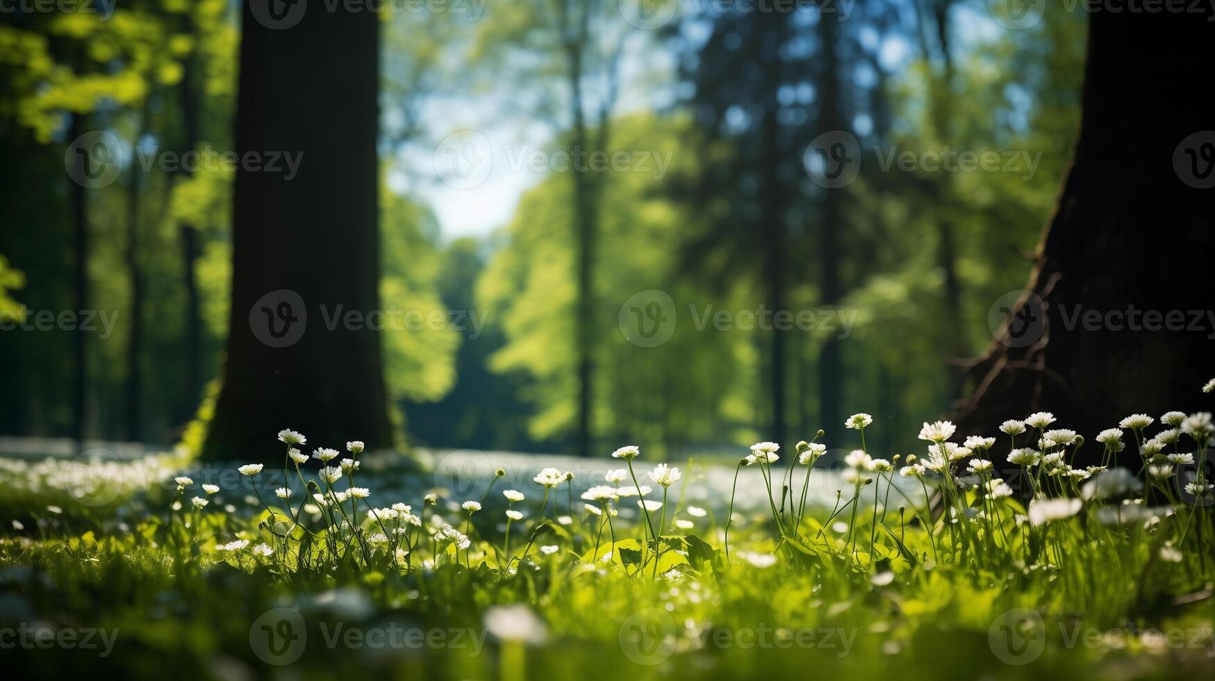 AI generated Beautiful blurred spring background of a forest with a blooming meadow, trees and blue sky on a sunny day photo