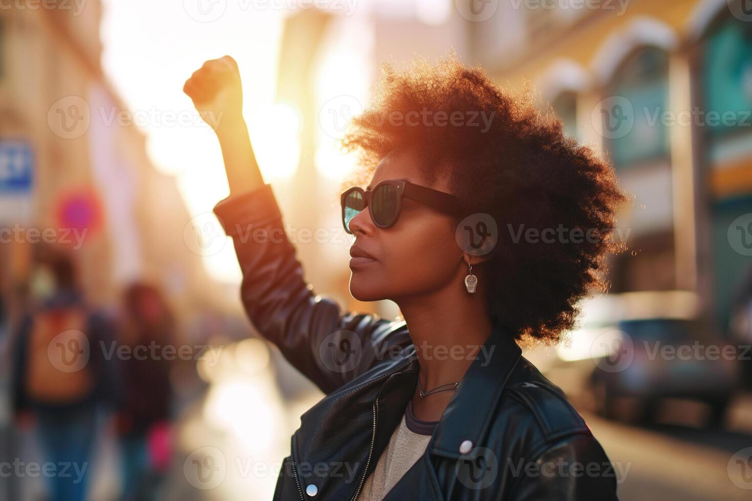 AI generated Young African American woman with sunglasses and raised fists up photo