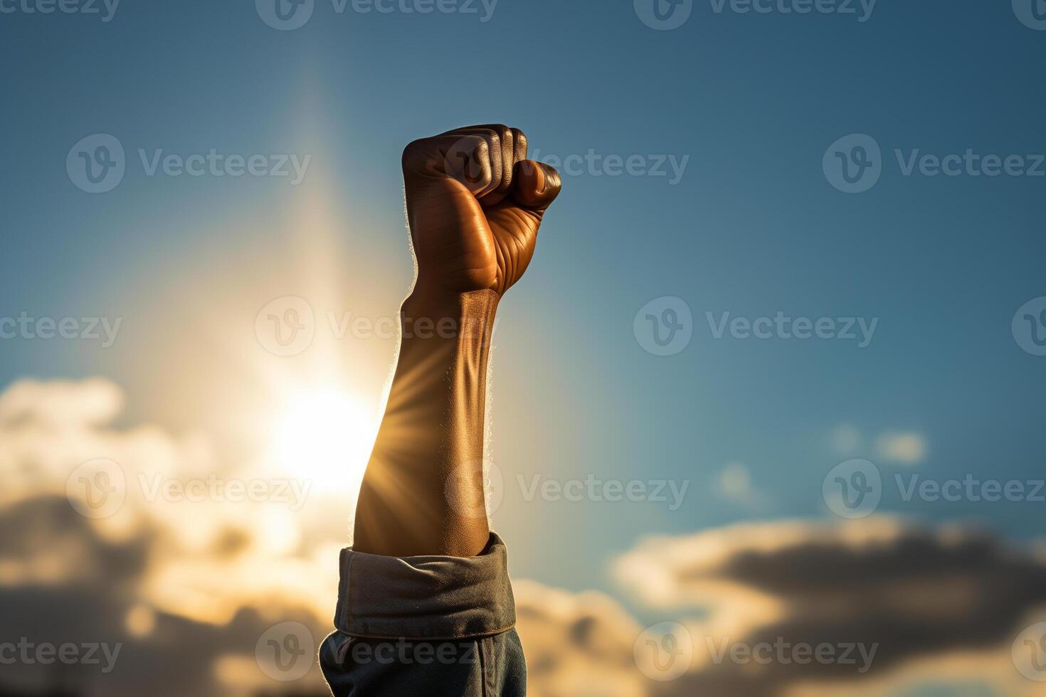 ai generado un negro del hombre puño es elevado arriba en contra el cielo. negro historia mes foto