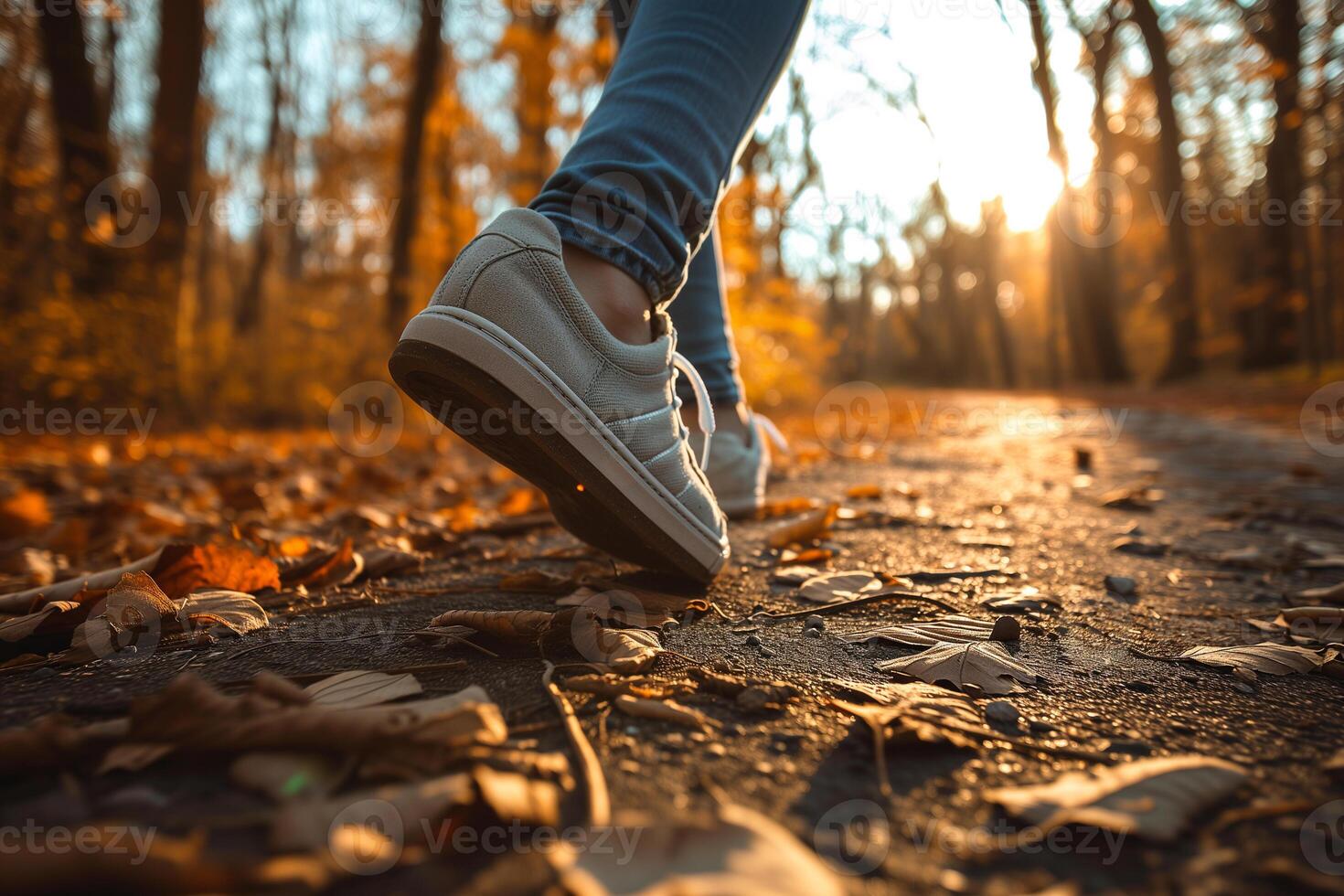 AI generated young fitness woman legs running on road in the park at sunrise. photo