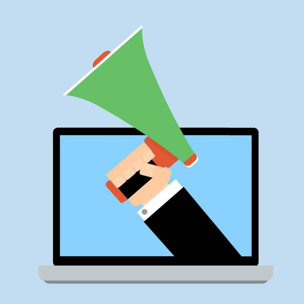 Share promotion with bullhorn. Hand hold megaphone from laptop. Smm global screen, communication application, strategy influencer, vector illustration
