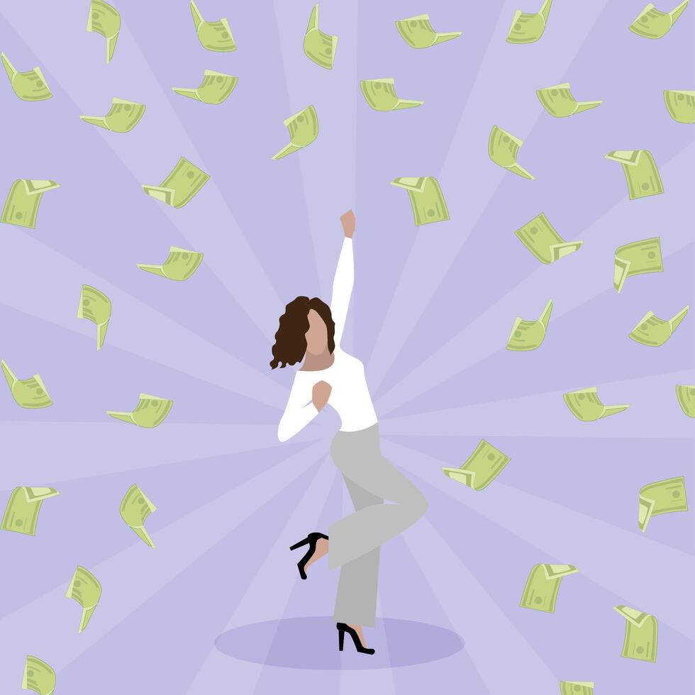 Happy woman get profit, win lottery or jackpot. Winner jump under cash rain. Green banknote fall on lucky woman. Successful lady motion and happiness, fortune businesswoman. Vector illustration